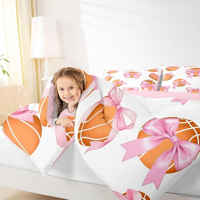 Bowknot Basketball Comforter Set Full Size,Pink Bow Knot Print Bedding Sets 3Pcs for Kids Girls Women Room Decor,Ball Sport Games Theme Duvet Insert Cute Cartoon Girly Down Comforter,2 Pillowcases