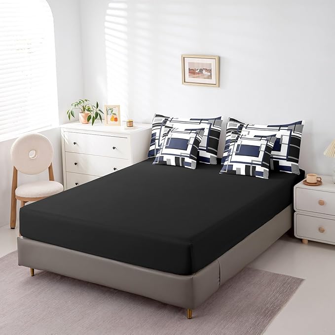 Erosebridal 7Pcs Navy Blue Black Comforter Set King,Geometric Bed in A Bag for Women Men,Minimalist Modern Striped Square Bedding with Bed Sheets,Vintage Boho Art Stripes Quilt Set with Pillowcases