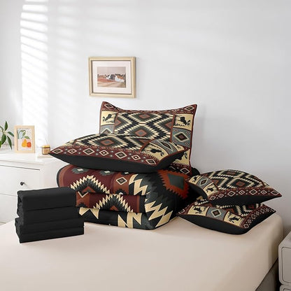 Erosebridal Buffalo Southwest Rustic 7-Piece Comforter Set Full,Country Farmhouse Aztec Bedding Set for Teens Adult,Tribal Deer Sheets Wildlife Hunting Theme Duvet Insert Western Cabin Decor
