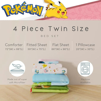 Pokemon Bedding Super Soft Comforter and Sheet Set with Sham, 4 Piece Twin Size, Featuring Snorlax, Pikachu, Eevee & Jigglypuff (Officially Licensed Product) by Franco