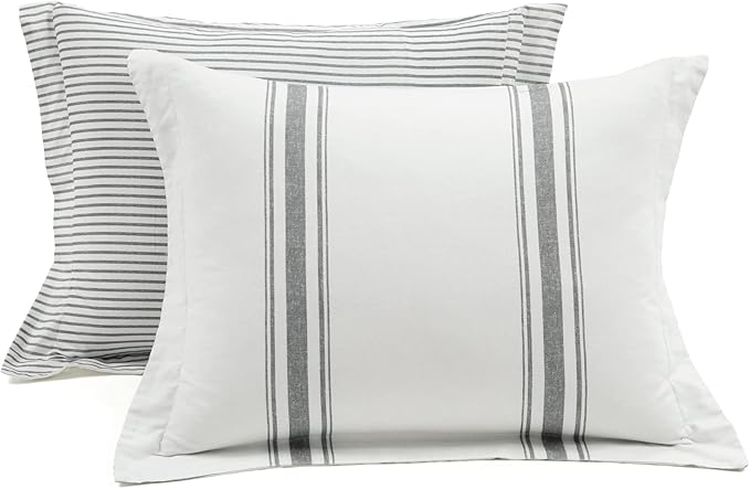 Lush Decor Farmhouse Stripe Reversible Cotton Comforter Set - 3 Piece Cozy Pinstripe Bedding Set - Classic Modern Rustic Charm Bedroom Decor - King, Dark Gray