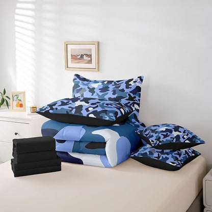Erosebridal Duck Hunter 7 Pcs Bed Set Full Size Camo Bedding for Kids Boys Army Camouflage Hunting Bed in A Bag Sheet Set Vintage Blue Black Bedroom Decor Wild Animal Duck Rustic Comforter Set