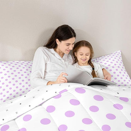 Manfei Purple Polka Dots Teens Comforter Set,Geometric Circles Purple White Simple Art Bedding Set All Season,French Style Dots Cartoon Cute Comforter 3 Pcs with 2 Pillowcases,Queen Size