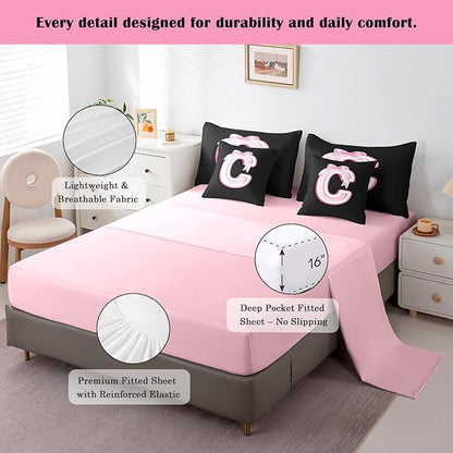 jejeloiu Kids Girls Black Pink Bow Comforter Set with Sheets King Size Monogrammed 7 Piece Bedding Set Personalized Initial C Bed in a Bag with Comforter,Sheets,Pillowcases Modern Fashion Bed Set