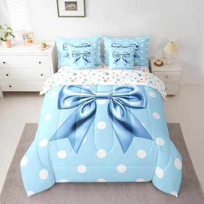 Feelyou Blue Bowknot 7 Piece Bedding Set Polka Point Comforter Set with Sheets for Kids Boys Girls Cute Bow Bed in a Bag Princess Theme Bed Set Soft Lightweight