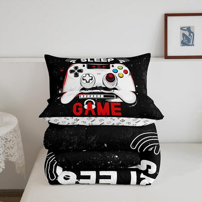 jejeloiu Eat Sleep Game Bedding Set King Size Cartoon Gamer Comforter Set for Kids Boys Girls Modern Game Duvet Set Black Red Quilt Set 3Pcs