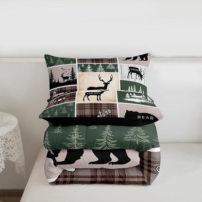 Rustic Cabin Lodge Bedding Queen Size, Bear Deer Elk Comforter Set Vintage Farmhouse Adventure Quilt Woodland Forest Animal Grid Claw Bedding Comforter Sets Rustic Farmhouse Home Decor, Green Brown