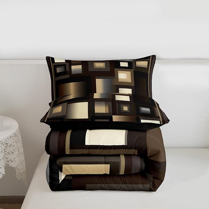 Grid Square King Size Comforter Set,Kids Brown White and Khaki Decor All Season Bedding Set,Teens Abstract Geometric Comforter,Girls Modern Simple Decor Quilt Set Bedroom Collection 3Pcs
