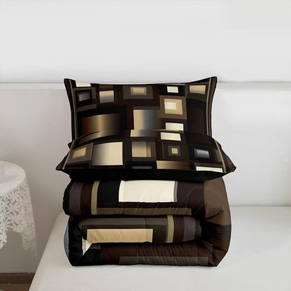 Castle Fairy Geometric Grid Full Size Comforter Set,Brown White and Khaki Bedding Set for Adults Teens,Children Modern Abstract Comforter Luxury Geometric Square Splicing Quilt Set Room Decor 3Pcs