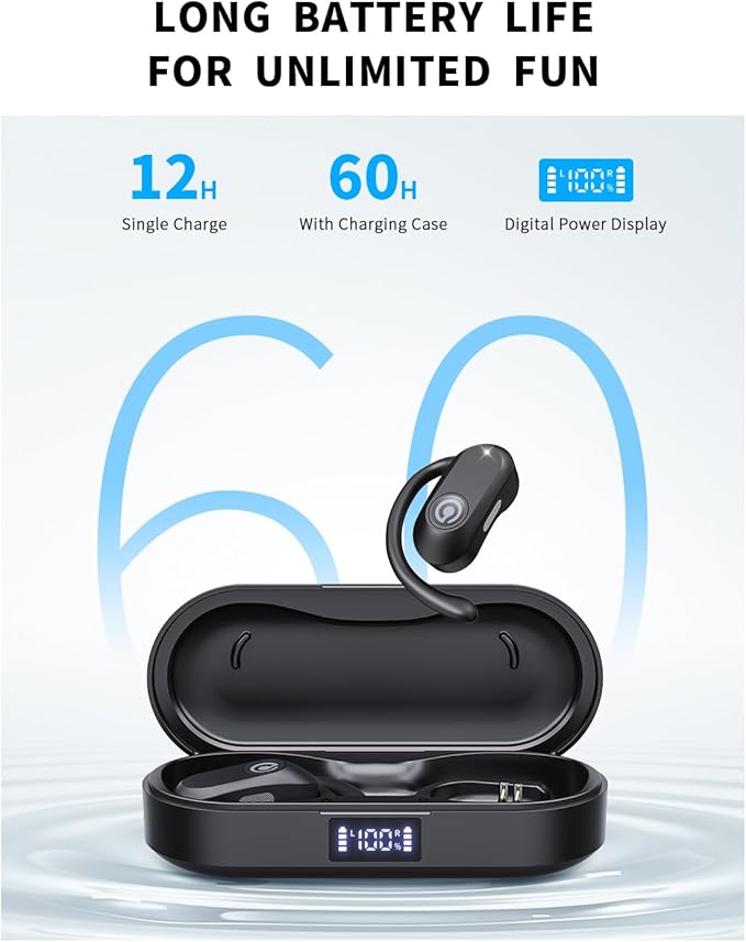 CXK Open Ear Headphones Bluetooth 5.4 Bone Conduction Headphones, True Wireless Earbuds with 60Hrs Stereo Sound, 0.27oz Lightweight Design, Open Earbuds with Mic, IPX6 Waterproof for Running, Black