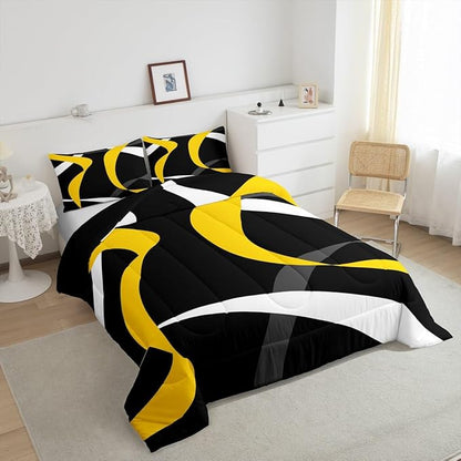 Erosebridal Grey Black Yellow Bedding Comforter Sets Gray White Striped Abstract Bedding Set Twin for Kids Adults Geometric Stripes Down Comforter Modern Fashion Quilt Duvet 2 Pcs