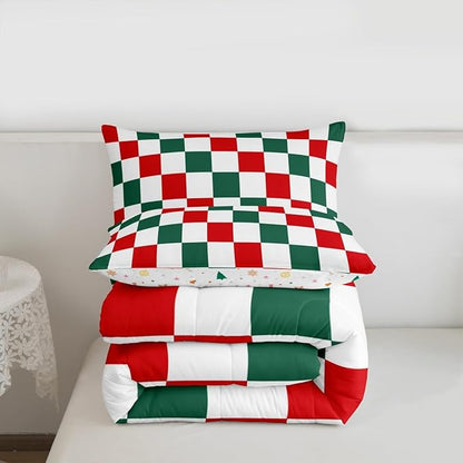Checkered Christmas Comforter Set Full Size Red Green Plaid Bedding Set for Kids Boys Girls Geometric Vintage Duvet Quilt Modern Simple Groovy Aesthetic Bedroom Decor 3 Pcs with 2 Pillow Cases