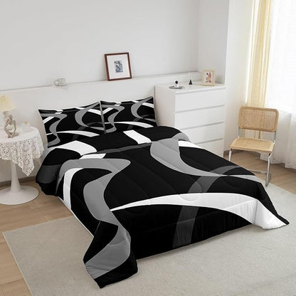Erosebridal Black White Grey Bedding Comforter Sets Dark Gray Striped Abstract Bedding Set Queen for Boys Teen Men Geometric Stripes Down Comforter Modern Fashion Quilt Duvet