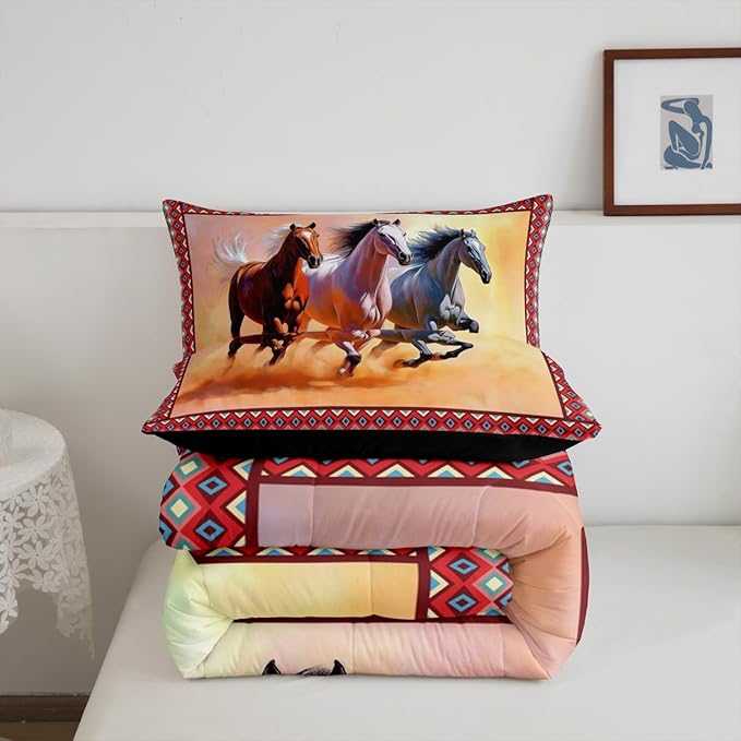 Horse Bedding for Girls,Western Boho Comforter Set Indian Tribal Geometric Bedding Set Twin Cowboys Gifts,Ethnic Tribe Arrow Aztec Quilt,Nordic Style Farmhouse Wildlife Room Decor,Messy Rust