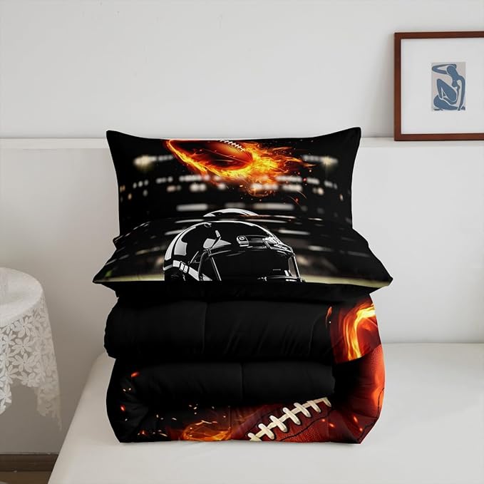 Feelyou Rugby Comforter Set Queen Size Rugby Sports Comforter for Boys Girls Teens Gift for Football Lover Bedding Set Soccer Ball Game Duvet Set Black Yelllow Quilt Set
