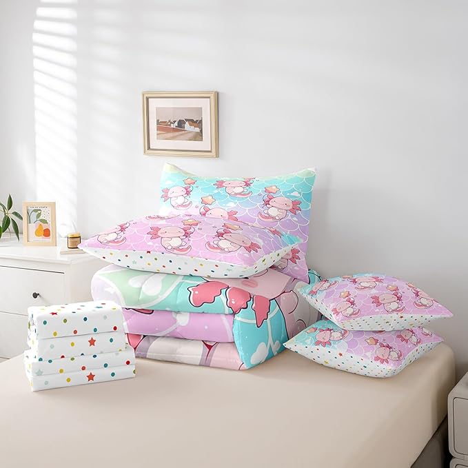 Feelyou Twin Size Cute Pink Axolotl Bed in a Bag Boys Girls Cartoon Salamander Comforter Set with Sheets for Kids Ultra Soft Fish Scales 7 Piece Bedding Set Rainbow Room Decor Breathable Soft