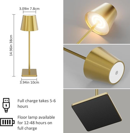 2 Pack Gold Cordless Table Lamp, 5500mAh Battery Powered Table Light Brass, 3 Color Temperatures Stepless Dimmable Rechargeable Table Lamps for Outdoor Restaurant Bedroom 2 Pack