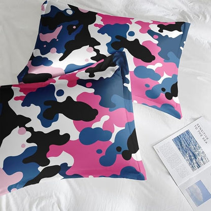 Comforter Set Queen Size, Camo Army 7 Pcs Bedding for Kids and Adults, Pink Blue Black Camouflage Bed Sheet Sets with Fitted Sheet 2 Pillowcases & 2 Shams for Bedroom Bed Decor