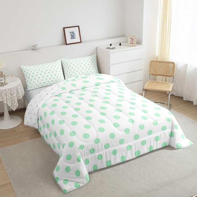 Manfei Green Polka Dots Comforter Set Full Size 3 Pcs,Geometric Circles Green White Simple Art Bedding Set,Cartoon Dots French Style Lovely Quilt Set for Teens Bedroom,2 Pillowcases