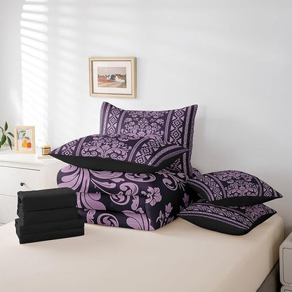 Comforter Set Queen Size, Lilac Aztec Damask 7 Pcs Bedding for Kids and Adults, Victorian Decor Western Baroque Goth Bed Sheet Sets with Fitted Sheet 2 Pillowcases & 2 Shams for Bedroom Bed Decor