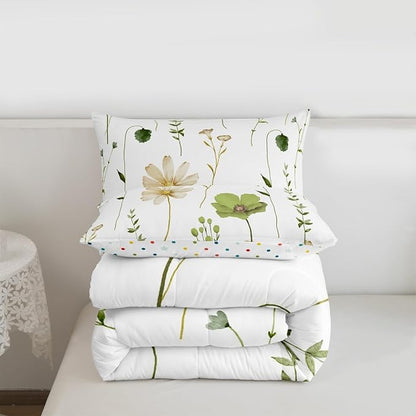 Erosebridal Watercolor Flower Comforter Set Twin, Olive Green Beige Floral Bedding Set for Kids Teens Adult Women, Modern Minimalist White Quilt Branches Pastoral Duvet Insert with 1 Pillow Case