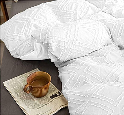 Nanko White Tufted King Comforter Set Jacquard Boho Geometry Soft Shabby Chic Reversible Down Alternative Microfiber Bedding - All Season Duvet Modern Farmhouse Bed Sets Women Men Size 104 x 90 3 PCs