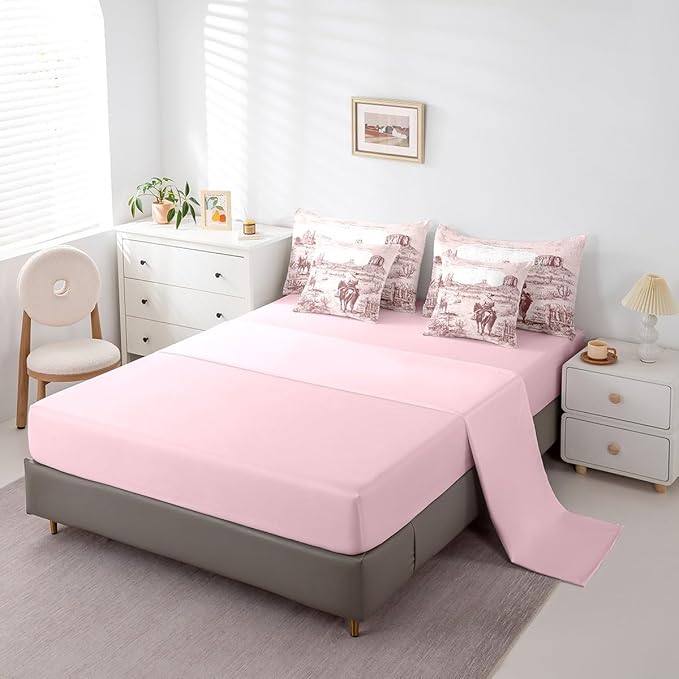 Feelyou Pink Western Decor Comforter Set with Sheets Full Size Kids West Cowboy Horse 7 Pieces Bedding Set for Boys Girls Teens Rodeo Cowboy Style Bed in a Bag Breathable Grunge Design Bed Set