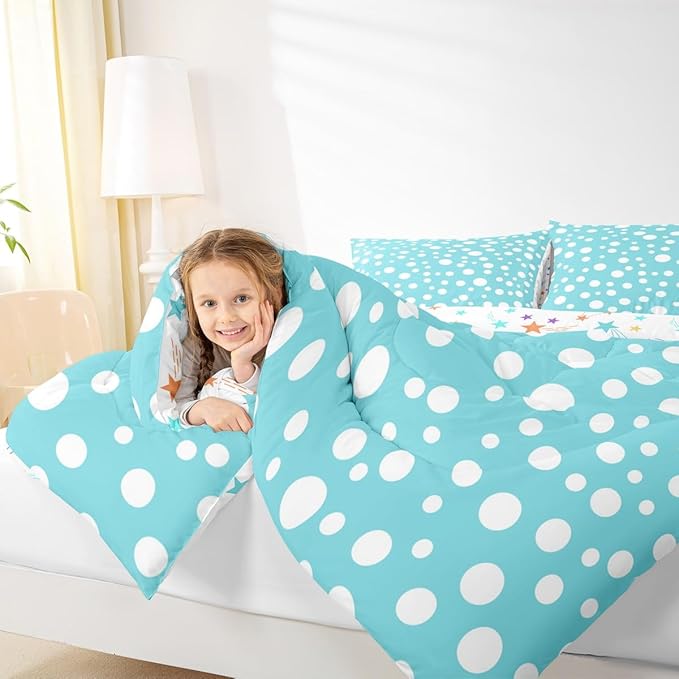 Manfei White Polka Dots Comforter Set,Chic Teal White Geometric Circles Simple Bedding Set for Kids Teens Bedroom,French Style Cute Dots Print Quilt Set 2 Pcs with 1 Pillowcase,Twin
