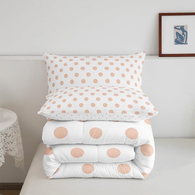 Manfei Polka Dots Pink White Comforter Set Full Size,Geometric Circles Simple Art Bedding Set 3 Pcs for Teens Young,Cute French Style Dots Cartoon Comforter,2 Pillowcases