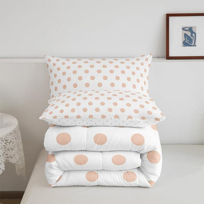 Manfei Polka Dots Pink White Comforter Set Full Size,Geometric Circles Simple Art Bedding Set 3 Pcs for Teens Young,Cute French Style Dots Cartoon Comforter,2 Pillowcases