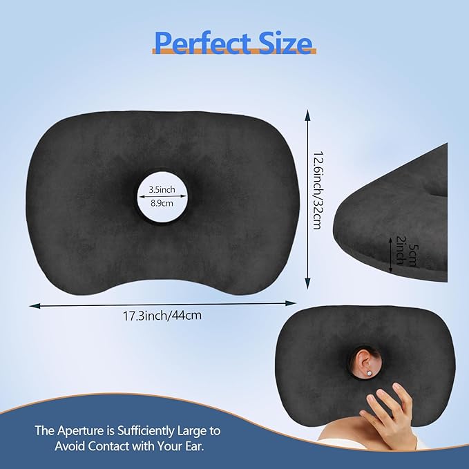 Ear Piercing Hole Pillows Side Sleeper Pillow with an Ear Hole for CNH Side Sleepers and Ear Inflammation Pressure Sores, Adjustable Cotton and Polyester Curved Side Pillow, Black Velvet
