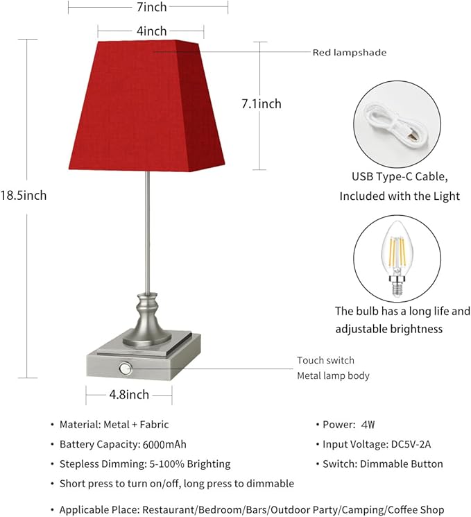 Rechargeable LED Table Lamps with Stepless Touch Control,Sliver Cordless Lamp for Living Room&Bedside&Patio&Shower,Small Desk Lamp(6000mAH Battery),2 Pack for Home Decor,Best Gifts for Family
