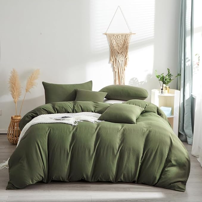 Wellboo Olive Green Comforter Sets Queen Size Solid Dark Green Bedding Comforters Cotton Plain Army Green Soft Cozy Quilts Women Men Dark Grass Green Blankets Modern Minimalist Hunter Green Comforters