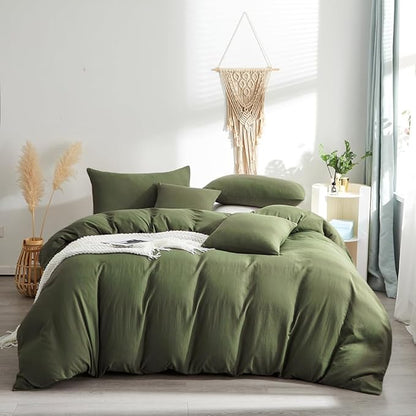 Wellboo Olive Green Comforter Sets Full Size Solid Dark Color Bedding Set Cotton Plain Army Soft Cozy Quilts Women Men Grass Green Blankets Modern Minimalist Hunter Green Bedding