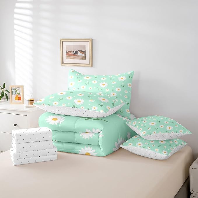 Feelyou Daisy Comforter Set with Sheets for Girls Boys Kids King Size Botanical Floral Printed 7 Piece Bedding Set Green Blossom Flowers Pattern Bed in a Bag Natural Theme Room Decor Breathable Soft