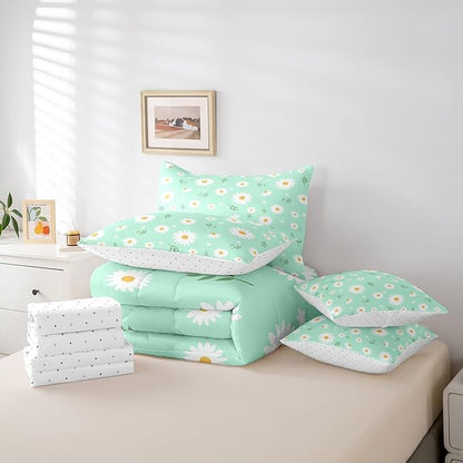 Feelyou Daisy Comforter Set with Sheets for Girls Boys Kids Twin Size Botanical Floral Printed 7 Piece Bedding Set Green Blossom Flowers Pattern Bed in a Bag Natural Theme Room Decor Breathable Soft