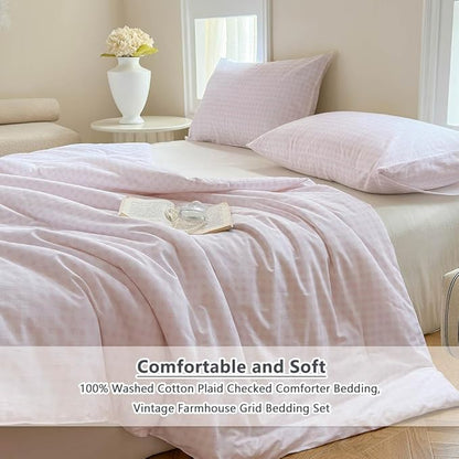 NSNLGSGC Pink Gingham Cotton Comforter Set Queen, 100% Washed Cotton Plaid Checked Comforter Bedding, 3 Pieces Vintage Farmhouse Grid Bedding Set(Pink Gingham, Queen)