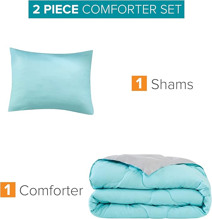 Comfort Spaces Vixie Reversible Comforter Set - Trendy Casual Geometric Quilted Cover, All Season Down Alternative Cozy Bedding, Matching Sham, Aqua/Gray, Twin/Twin XL 2 piece