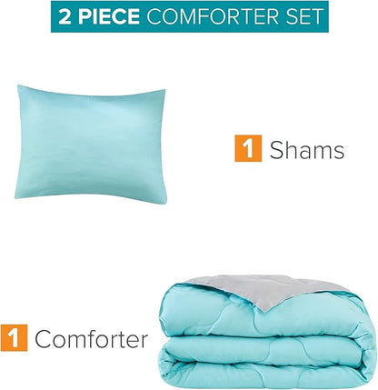 Comfort Spaces Vixie Reversible Comforter Set - Trendy Casual Geometric Quilted Cover, All Season Down Alternative Cozy Bedding, Matching Sham, Aqua/Gray, Twin/Twin XL 2 piece