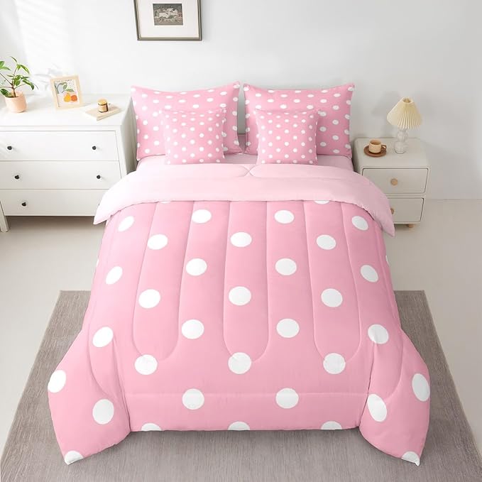 Feelyou Polka Dot 7 Piece Bedding Set Pink White Comforter Set with Sheets for Kids Boys Girls Geometric Plaid Bed in a Bag Modern Cute Bed Set Soft Lightweight