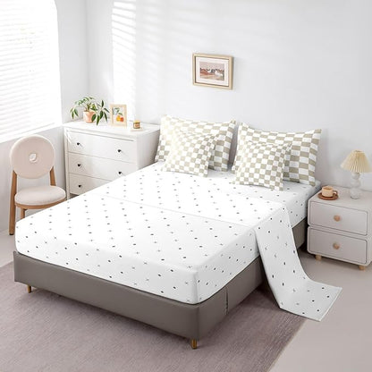 Feelyou Checkered 7 Piece Bedding Set Teen Women Men Beige Plaid Comforter Set with Sheets Twin Size Kids Boys Cute Retro Neutral Checkerboard Geometric Bed in a Bag Vintage Aesthetic Room Decor