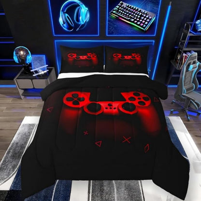 Boys Gamer Comforter Set Full Size,Gamepad Bedding Set Kids Young Man Video Games Down Comforter for Teen Child Game Room Decor Black Red Classic Retro Gaming Quilted Duvet Set with Pillowcase