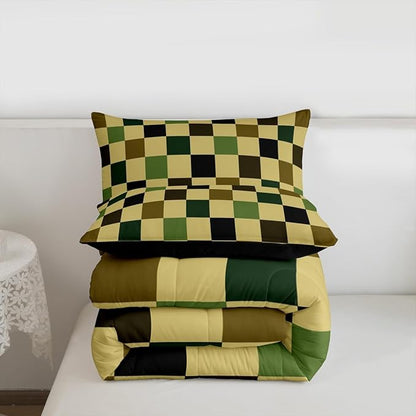 Feelyou Checkered Retro Comforter Set All Season Hunter Green Plaid Bedding Set with 2 Pillow Cases Geometric Camo Army Kids Full Bedclothes Modern Hunting Groovy Aesthetic Bedroom Decor Duvet Quilt