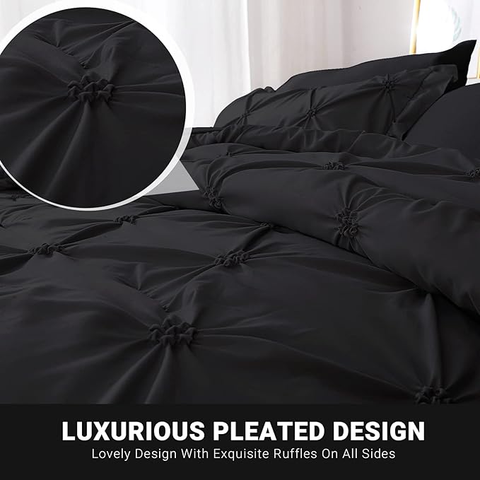 JOLLYVOGUE Black Full Size Comforter Sets 7 Pieces, Pintuck Bed in a Bag Comforter Set for Bedroom, Bedding Comforter Sets with Comforter, Sheets,Ruffled Shams & Pillowcases