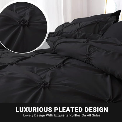 JOLLYVOGUE Black Cal King Size Comforter Sets 7 Pieces, Pintuck Bed in a Bag Comforter Set for Bedroom, Bedding Comforter Sets with Comforter, Sheets,Ruffled Shams & Pillowcases