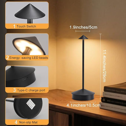 EJQ Cordless Table Lamps, 3 Colors Stepless Dimming Touch Lamp, Outdoor 6000mAh Rechargeable Battery LED Desk Lamp for Bedroom/Couple Dinner/Desk/Cafe/Dining Room (Black)