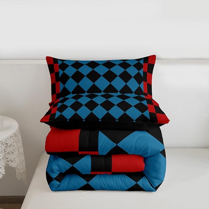 Checkered Retro Bedding Set for Boys Girls Red Blue Black Plaid Comforter Set Full Size Geometric Vintage Duvet Quilt Modern Simple Groovy Aesthetic Bedroom Decor 3 Pcs with 2 Pillow Cases