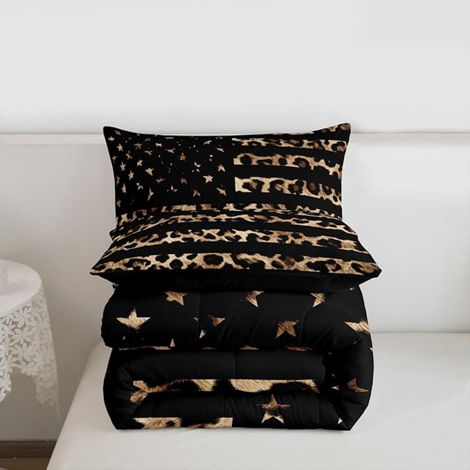 Feelyou American Flag Leopard Kids Comforter Set Queen Size Hunting Bedding Set Brown Cheetah Print Duvet Quilt for Kids Boys Girls Bedroom Animal Fur Decor Microfiber Ultra Soft Breathable