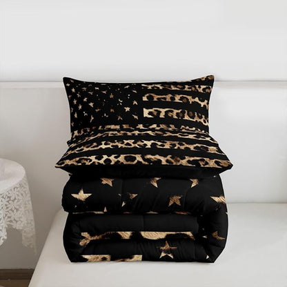 Feelyou American Flag Leopard Kids Comforter Set King Size Hunting Bedding Set Brown Cheetah Print Duvet Quilt for Kids Boys Girls Bedroom Animal Fur Decor Microfiber Ultra Soft Breathable