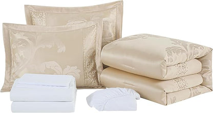 Chezmoi Collection Valor 7-Piece King Bed in a Bag, Champagne Luxury Jacquard Floral Comforter with Sheets Set for All Season